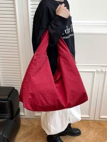 lulu kewen 女士大号单肩包，大容量纯色女士单肩包，休闲日系女士手提包，多功能大学生背包，简约时尚女士手提包，购物袋，时尚女士包，轻便可折叠旅行包，带拉链口袋。 - 紅色 - 查看 6