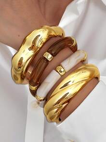 4pcs Vintage Minimalist Elegant Resin Acrylic Brown Elastic Bracelet & Bangle Set, Gold Stripe Smooth Open Cuff, Suitable For Women Everyday Wear, Holiday Gift, Stackable, 2025 New Arrival - Gold - View 13