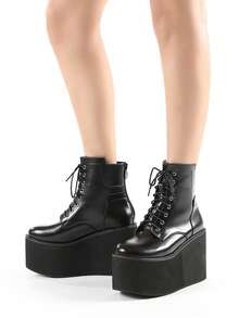 Gdgydh Big Size 43 Platform High Heels Cosplay Fashionable Autumn Ankle Boots Platform Women Wedges Heels Model Catwalk Shoes - Black - View 2