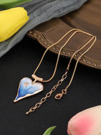 Cring Coco 1pc Fashionable Bohemian Enamel Blue Heart Pendant Necklace, Gold Color, Suitable For Daily Wear, Parties, Festivals, Valentine's Day Jewelry Accessory Gift