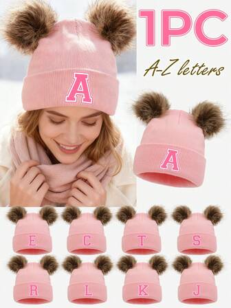 1pc Unisex Pink Personalized 26 Letter Print Faux Fur Pom Pom Knit Beanie Hat, Soft Warm Fashionable All-Match Cold-Proof Accessory, Suitable For Autumn/Winter Outdoor Daily Use, Great As Gift