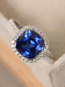 1pc Fashionable Square Zirconia Ring For Women, Suitable For Daily Wear - Royal Blue - View 2