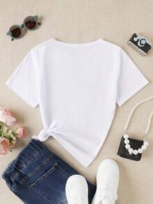 Camiseta De Pascua Y Navidad Basada En Una Historia Real - Casual, Cuello De Tripulación, Poliéster, Ligero Estiramiento, Estampado De Caricatura, Manga Regular, Manga Corta, Verano, Tops De Punto, Ajuste Regular, Tela De Punto - Blanco - Ver 2