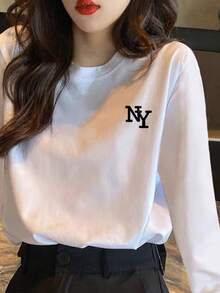 女士休闲棉质宽松字母印花圆领长袖T恤，时尚百搭，春秋季白色 - 白色 - 查看 5