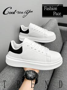 男士个性化黑白拼接系带舒适情侣休闲运动鞋，时尚户外街头滑板鞋 - 白黑 - 查看 3