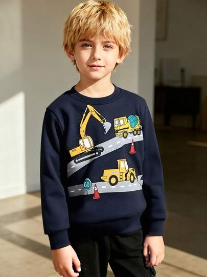 Young Boys  Long Sleeve Sweatshirt, Cartoon Excavator Printed, Fashionable Fall/Winter Style