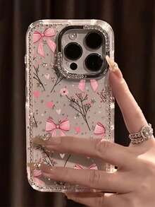 Étui de téléphone à motif de nœud papillon rose luxueux et de branche, avec protection complète, compatible avec 17 ProMax, 17 Pro, 17, Air, 17, 16, 15, 14, 13, 12, 11 Pro Max Plus, protection de l'objectif avec strass, coque arrière souple et protectrice, idéal comme cadeau pour les filles - Transparent - Voir 3