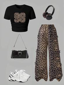 Tween Girl Numeric Print Round Neck Short Sleeve Top And Pants Set - Black - View 1