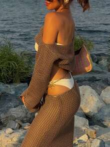 Women's Spring/Summer New Casual Hollow Out Shoulder Fitted Long Sleeve Cropped Sweater Paired With Tie-Up Fitted Dress 2-Piece Set, Beach Vacation Style - Brown - View 8