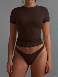 XLLAIS Small Round Neck Short Sleeve Solid Basic Skinny Women Casual T-Shirt Brown Tops - Dark Brown - View 3