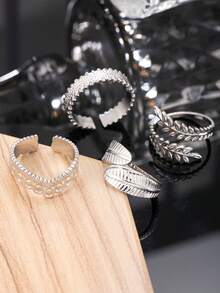 4pcs Minimalist Stainless Steel Men's Silver Rings Set, Includes Leaf & Geometric Line Cut Elements, Suitable For Men's Daily Wear, Festivals, Dates, Engagements, Weddings, Jewelry Gift