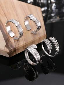 4pcs Minimalist Stainless Steel Men's Silver Rings Set, Includes Leaf & Geometric Line Cut Elements, Suitable For Men's Daily Wear, Festivals, Dates, Engagements, Weddings, Jewelry Gift