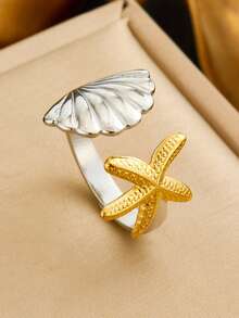 1 Fashionable And Simple Gold And Silver Dual Color Stainless Steel Multi-Element Bow, Starfish Flower, Shell Pattern, Open Mouth Women's Ring