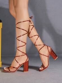 Giày sandal cao gót màu đỏ cho nữ, buộc dây dài đến bắp chân, mũi vuông, gót dày, thoải mái, thời trang, đa năng, thiết kế hở mũi giúp chân trông dài hơn, màu hồng pastel thanh lịch, phù hợp với trang phục mùa xuân hè. - Đỏ - Xem 6