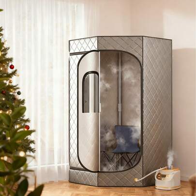 TABU Portable Sauna Box For Home, Full Body Steamer Sauna Box With 3L &1500W Steamer, X-Large Personal Sauna Tent For SPA Relaxation With Remote Control, Folding Chair& Mat, Silver