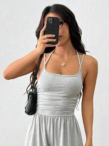 Swisz Women's Long Leg Jumpsuit With Double Straps And Front Pleats, Elegant Casual Style - Xám - Xem 5