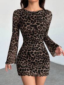Women's Sexy Leopard Print Mesh Short Dress, Evening Date Valentine's Day Women's Sexy Mesh Slim Fit Date Short Dress - Dark Apricot - View 5