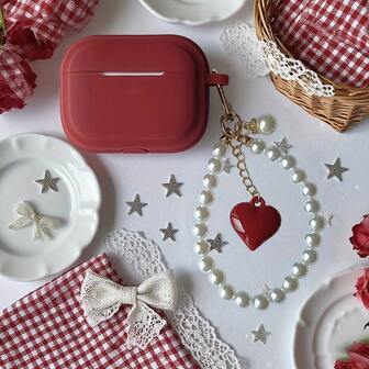 1pc Red Protective Case With Pearl Chain And Heart-Shaped Pendant, Suitable For 1/2/3/4 & Pro/Pro 2 - Scratch-Resistant, Shock-Absorbing, Soft And Durable, Great Gift Choice (Mother's Day, Valentine's Day, Birthday), Cute Pro3 Protective Case, Earphone Case, Fashionable Cover, Design, Flexible Protection, Snug Fit, Tech Enthusiasts, Gift Givers