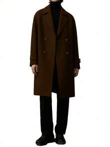 معطف صوف متوسط الطول من لون واحد كلاسيكي، بأزرار على الجزء الأمامي، بتصميم عتيق ذو مظهر نقود قديمة، مناسب للتنقل والاستخدام اليومي والأنشطة الترفيهية، تصميم بسيط وعملي - شوكولاته بني - مشاهدة 4