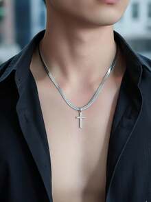 1pc Cross Pendant Stainless Steel Blade Chain Necklace For Men - Silver - View 4