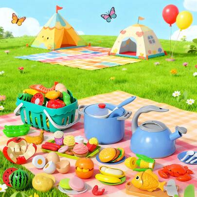 Tecforood Children's Kitchen Toy Set For Boys And Girls, Pretend Cooking Play Set With Realistic Pots, Pans, Mixing And Chopping Tools, Play Tableware, Food Cutting Toys, And Shopping Basket, Educational Mini Cooking Toy Set For Toddlers To Develop Creativity, Hand-Eye Coordination, And Social Skills