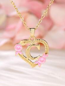 Tsnamer 1 件精美立方氧化锆字母项链，心形雕刻，包含 26 个 A-Z 字母和花朵，适合女性日常佩戴。 - 金黃色+粉 - 查看 17