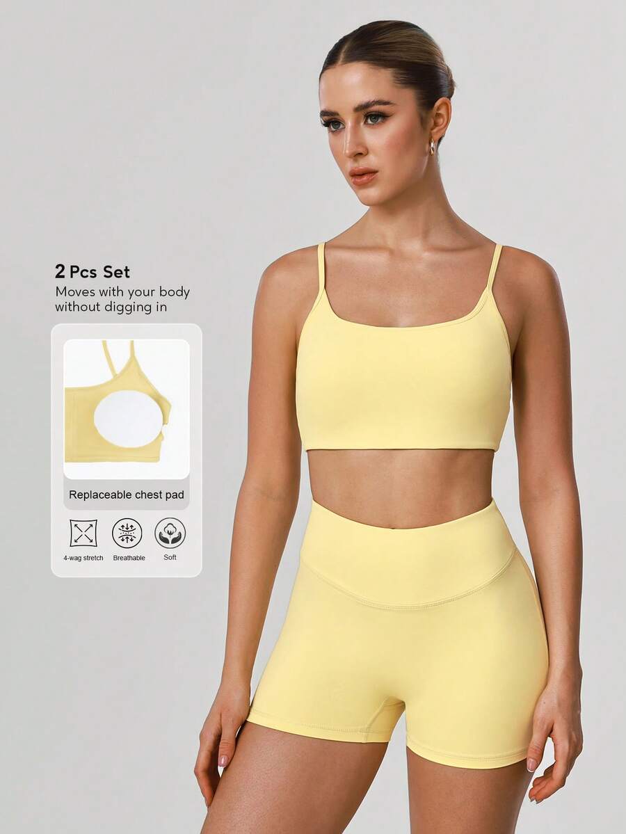 Sodalemon Women 2Pcs Fitness Sets Backless Padded Sport Bra No Front Seam Outdoor Cycling Shorts Elastic Gym Training Sport Set - Màu vàng - Xem 1