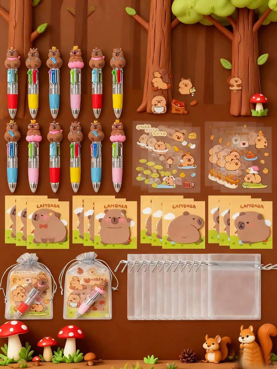 6/9/12/15 套水豚四合一多色圆珠笔，附赠可爱便签本和贴纸，卡通水豚便签本，适合作为生日礼物、奖品、派对礼品（随机） - 彩色 - 查看 1