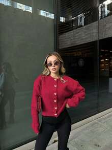 Women's Autumn/Winter New French Romantic Casual Versatile Minimalist Chic Heart Pattern Knit Cardigan Top - Burgundy - View 3