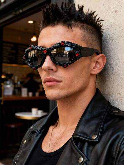 一副个性化朋克手工恶魔眼男士时尚眼镜，Y2K嘻哈复古小框表演派对眼镜，适合摄影和日常佩戴