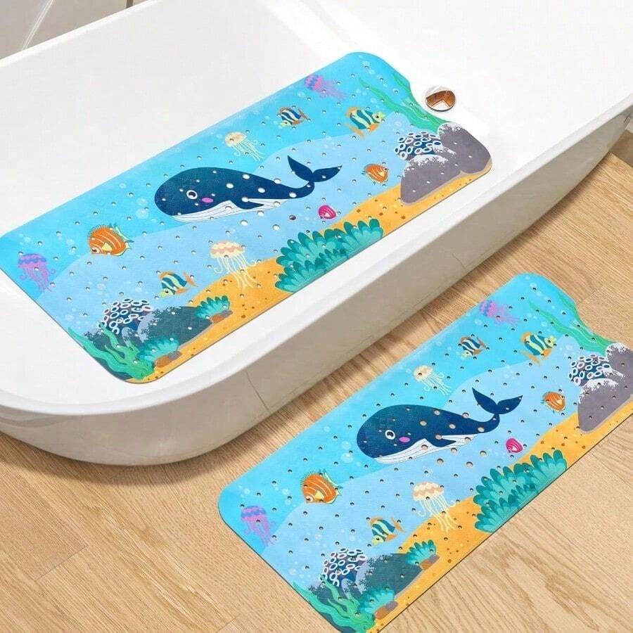 Tapete para Baño 100x40CM Alfombrilla de Baño Antideslizante Alfombrilla de Ducha de Dibujos Animados con Orificios de Desagüe y Ventosas Adecuado para Baños y Duchas Ballena - Ballena - Ver 1