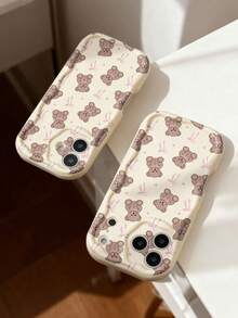 1pc Cute Girl Style Bow Teddy Bear Full Screen Pattern Cream Soft Phone Case, Compatible With IPhone 11/12/13/14/15/16/17 Pro Max - Multicolor - View 4