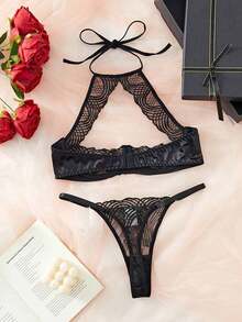 Halter Neck Tie Sheer Striped Embroidery Sexy Lingerie Set For Women, Rave - 黑色 - 查看 2