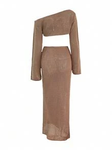 Women's Spring/Summer New Casual Hollow Out Shoulder Fitted Long Sleeve Cropped Sweater Paired With Tie-Up Fitted Dress 2-Piece Set, Beach Vacation Style - Brown - View 10