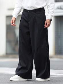 男士宽松直筒裤，褶皱面料休闲裤 - 黑色 - 查看 2