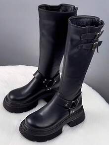 2025秋冬新款厚底修身真皮高筒靴，后拉链扣带马靴，靴子