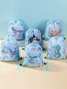 6pcs/Set Ocean Life Theme Drawstring Backpacks, Marine Animal Gift Bags, Vivid Underwater Scene Design With Dolphin, Seahorse, Jellyfish, Whale Patterns, Small Backpack With Mouth Pocket, Underwater Party Decor, Birthday Party Gift Packaging Bags, Outdoor Camping Backpacks, Gender Reveal Party Decor, Baby Shower Party Decor - Marine Life - View 2