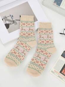 5 Pairs Of Cozy Reindeer Print Mid-Calf Socks - Warm, Thick Christmas Socks For Women, Festive Animal Design In Red, Beige, Brown, And Navy Blue, Perfect For Holiday Celebrations, Christmas Socks,Christmas Surprise Gifts,Valentine's Day Gifts, New Year's Gifts - Multicolor - View 13