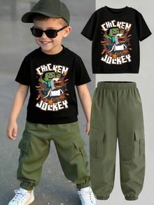 Young Boy Cartoon Print Round Neck Short Sleeve Tee And Cargo Pants Set - Black - View 1