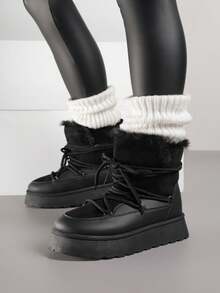 Thick Sole Snow Boots With Fur For Daily Wear - Black - View 4