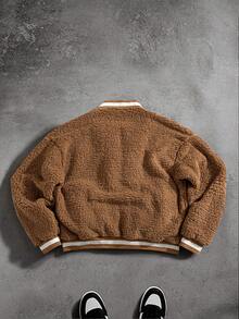 Chaqueta con diseño de cremallera completa, acento de letra grande S en bloque de color, textura suave y cómoda de burbuja esponjosa para hombres, adecuada para salidas casuales, cálida y resistente al viento para otoño/invierno - Marrón - Ver 3