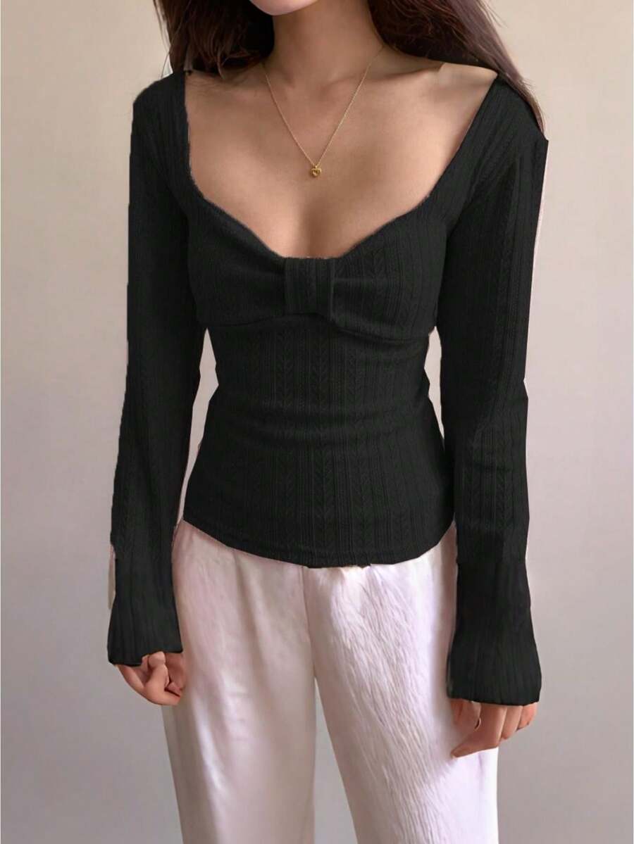 Women Y2k Sweater Top Square Neck Long Sleeve Knitwear Vintage Slim Fit Shirts Ruffle Hem Blouse Fairy Grunge Aesthetic Coquette Clothes Harajuku Streetwear 90s Fall Winter Knitwear - 黑色 - 查看 1