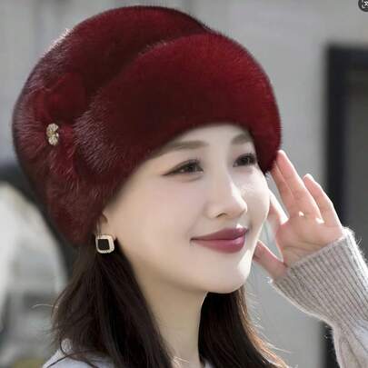 女士冬季保暖针织帽，仿貂毛耳罩渔夫帽，花卉盆状设计，涤纶材质，仅限手洗，弹力纯色轻便针织套头帽，适合新年假期佩戴