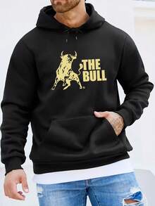 Sudadera con Capucha Casual para Hombre con Patrón de Toro - Tejido de Punto% Poliéster, Diseño de Ajuste Regular, Ligeramente Elástica, Color Sólido con Gráfico Audaz, Estilo Pullover - Ropa Casual - Negro - Ver 1