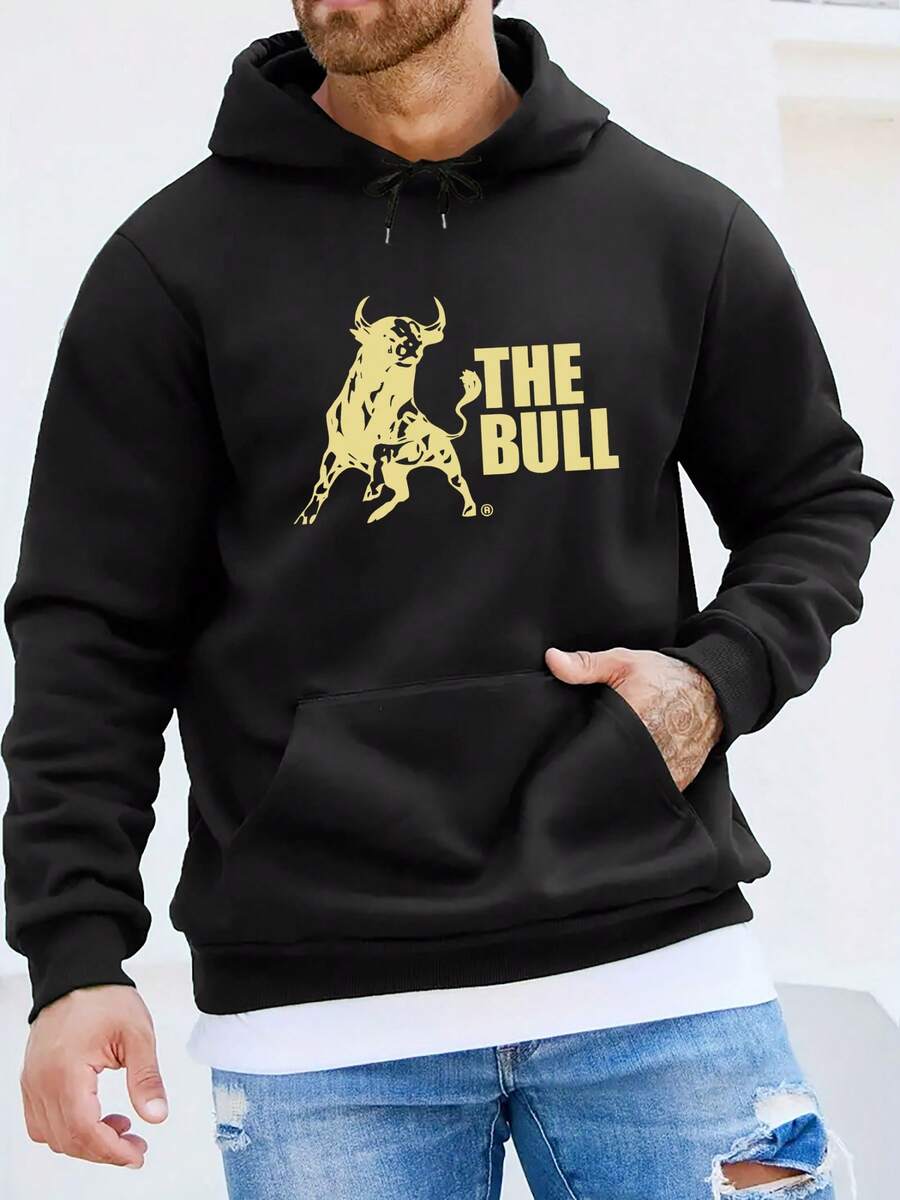 Sudadera con Capucha Casual para Hombre con Patrón de Toro - Tejido de Punto% Poliéster, Diseño de Ajuste Regular, Ligeramente Elástica, Color Sólido con Gráfico Audaz, Estilo Pullover - Ropa Casual - Negro - Ver 1