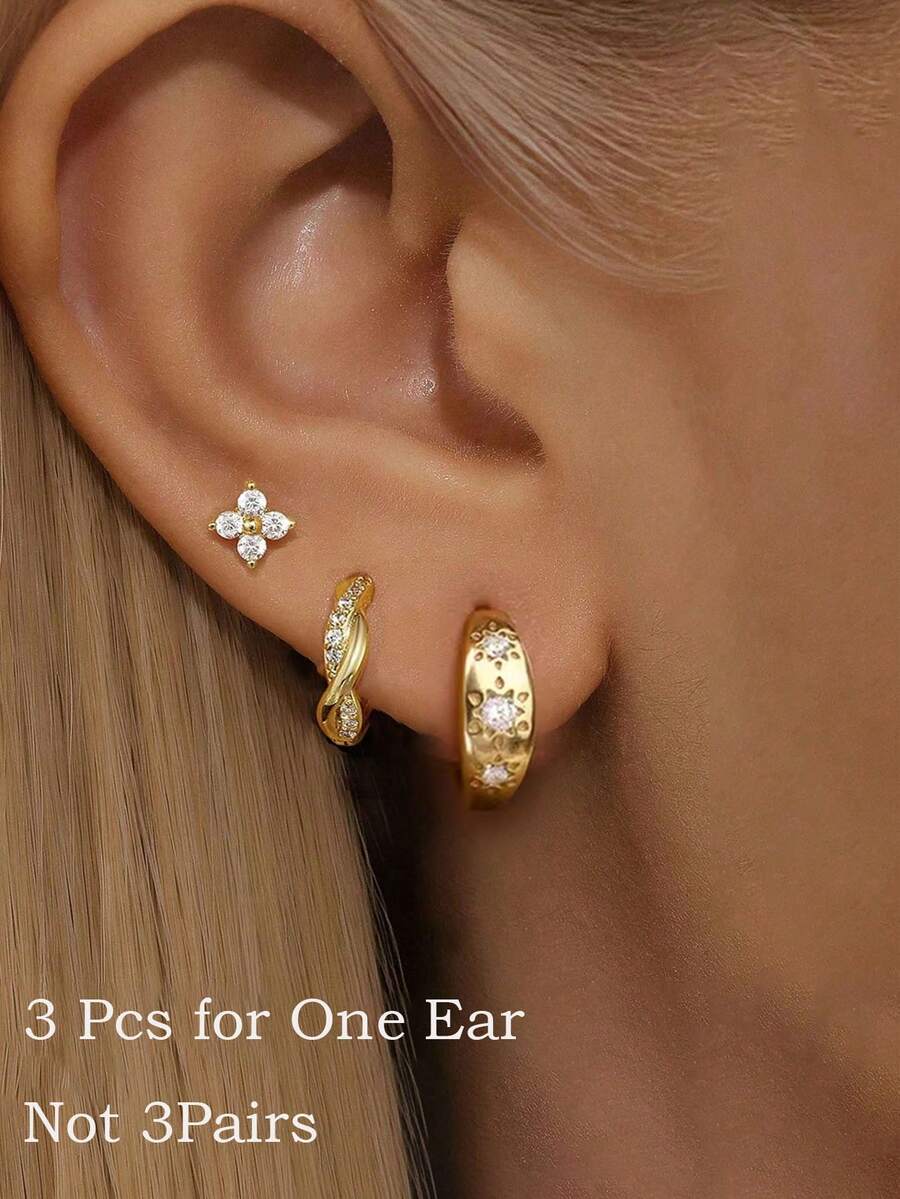 Bộ 3 khuyên tai hình hoa hướng dương mạ vàng 14K đính đá Cubic Zirconia tinh tế, khuyên tai hoa ít gây dị ứng, khuyên tai sụn có thể đeo chồng lên nhau, quà tặng cho nữ, thích hợp đeo một bên tai. - bộ 3 món - Xem 1