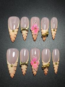 Each Set Consists Of 10 Pieces Of Handmade Y2K Fine High-Heeled Acrylic Nail Plates, Designed In French Style With Rhinestones, Stripes, Petals, And Bow Decorations, Available In Multiple Tones And Nude Colors. 3 Sizes To Fit, Suitable For Parties, Dances, And Daily Wear, Comes With A Nail Kit, Making It An Ideal Press On Nails Gift For Ladies And Girls.