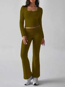 GAOVOT Women's Two Pieces Spring Summer Y2K Slim Sexy Solid Color Square Collar Long Sleeve Top And Slightly Flared Trousers Pant Suit - Olive Green - View 5