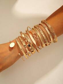 4pcs/5pcs/6pcs/7pcs/8pcs/9pcs/12pcs/14pcs/16pcs Set Minimalist Geometric Open Cuff Metal Creative Niche Personalized Jewelry Bracelet Set, Suitable For Daily Wear, Casual Gathering, Dating, Perfect Gift - Multicolor - View 17