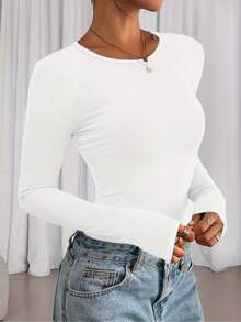 Áo sơ mi nữ tay dài, dáng ôm cơ bản, áo thun thường ngày có gân, Thu/Đông 2025 - trắng - Xem 3